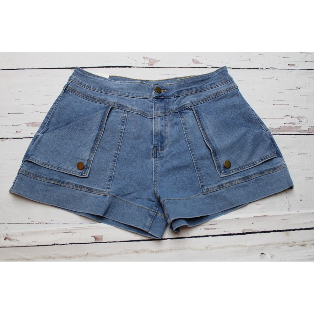 Potili Womens High Waisted Denim Cargo Shorts Blue Jean Cuffed Size L NWT